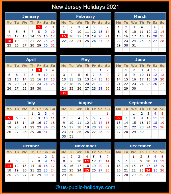 New Jersey Holiday Calendar 2021